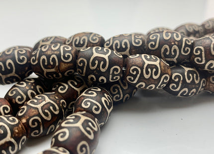 12x15 mm AAA DZI Tibetan Agate Barrel Shape Dark Brown Wooden Etched Agate Gemstone Matte Mala Antique Boho Beads 14 Inches 22 Pieces #3527