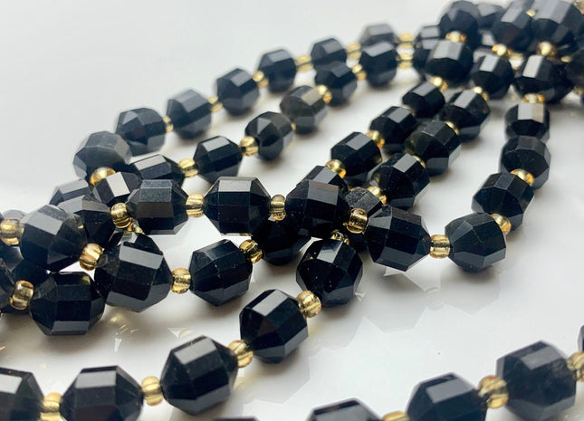 7x8mm Faceted Energy Prism Cut Black Obsidian Gemstone Beads Genuine Double Terminated Points Black Color Beads 15.5 Inches 40 Pieces #3651