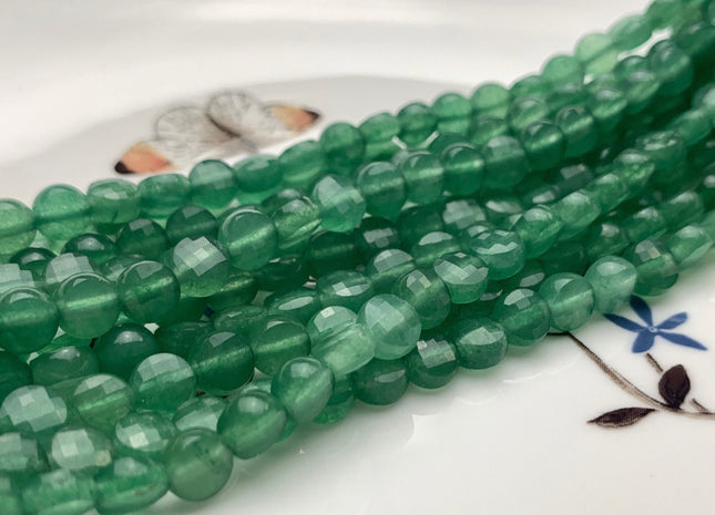 6 mm Micro Faceted Diamond Cut Green Aventurine Gemstones Flat Coin Disc Shape Gemstone Beads Genuine Aventurine 15 Inches Strand #2834