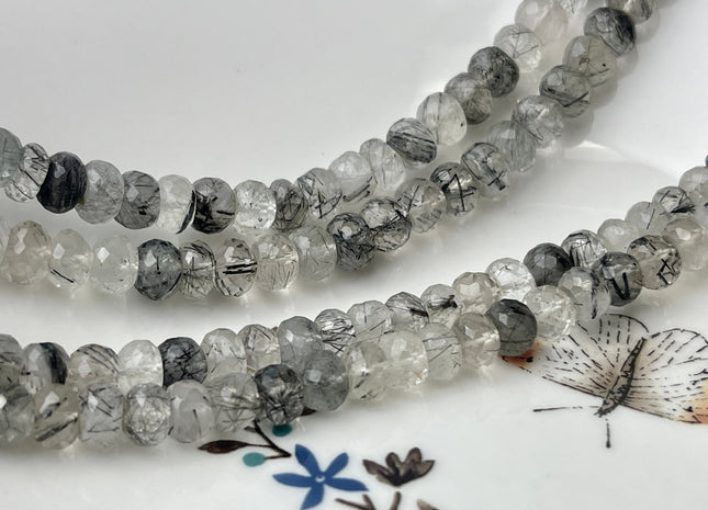 6-7mm AAA Gorgeous 100% Natural Black Rutilated Quartz Faceted Rondelle Gemstone Beads Top Quality Black Rutile Quartz 13-16 Inches #4254