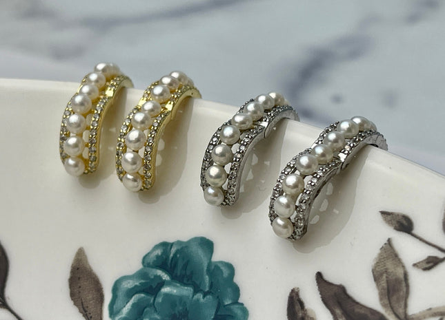 Genuine Natural White Freshwater Pearl Hoop Earring Sterling Silver/Gold Bridal Earrings #10047-E