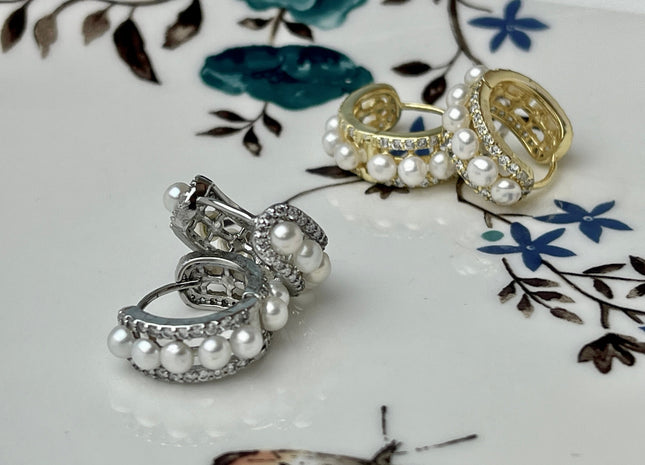 Genuine Natural White Freshwater Pearl Hoop Earring Sterling Silver/Gold Bridal Earrings #10047-E