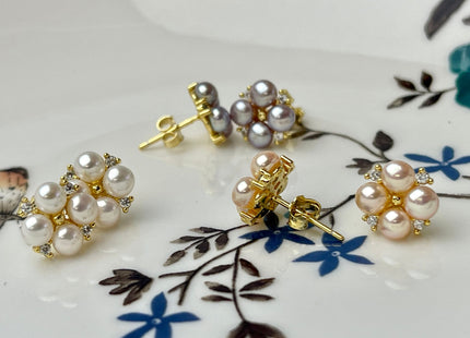 Genuine Natural White Mauve Pink Freshwater Pearl Sterling Silver/Gold Stud Earring Cluster Earring Posts #10047-C