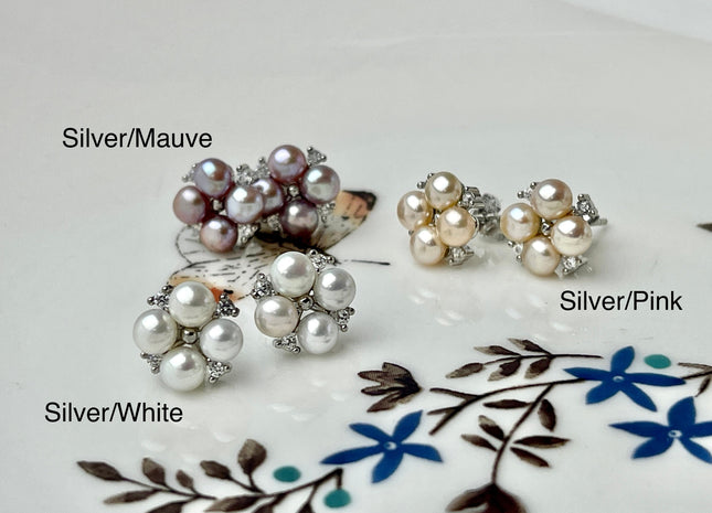 Genuine Natural White Mauve Pink Freshwater Pearl Sterling Silver/Gold Stud Earring Cluster Earring Posts #10047-C