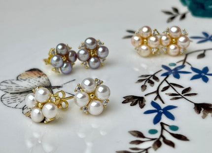 Genuine Natural White Mauve Pink Freshwater Pearl Sterling Silver/Gold Stud Earring Cluster Earring Posts #10047-C