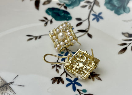 Genuine Natural White Freshwater Pearl Cluster Stud Earring Sterling Silver/Gold Bridal Earrings #10047-F