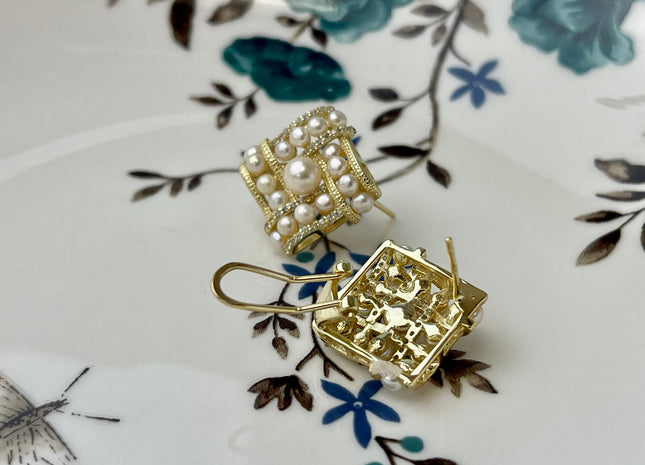 Genuine Natural White Freshwater Pearl Cluster Stud Earring Sterling Silver/Gold Bridal Earrings #10047-F