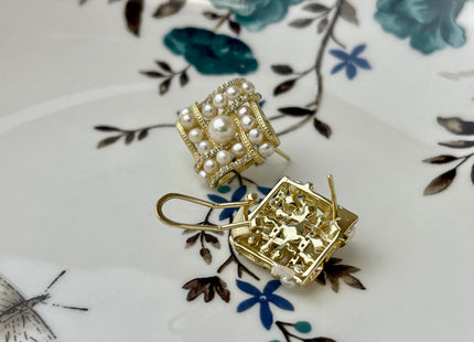 Genuine Natural White Freshwater Pearl Cluster Stud Earring Sterling Silver/Gold Bridal Earrings #10047-F