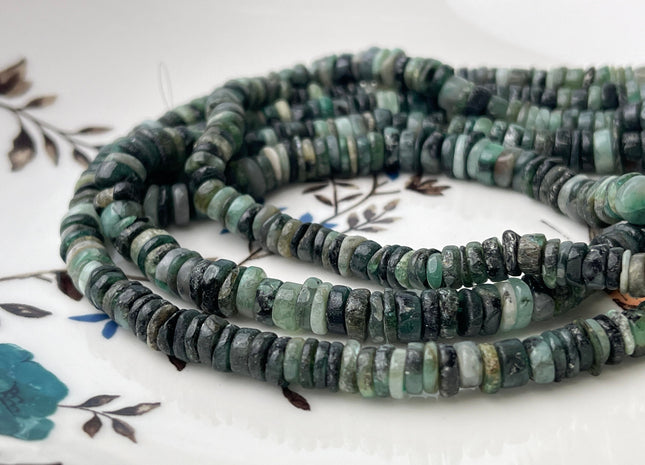 4-6 mm Smooth Rondelle Heishi Tire Shape Natural Green Emerald Gemstone Beads Genuine Emerald Loose Beads 16 Inches #4258