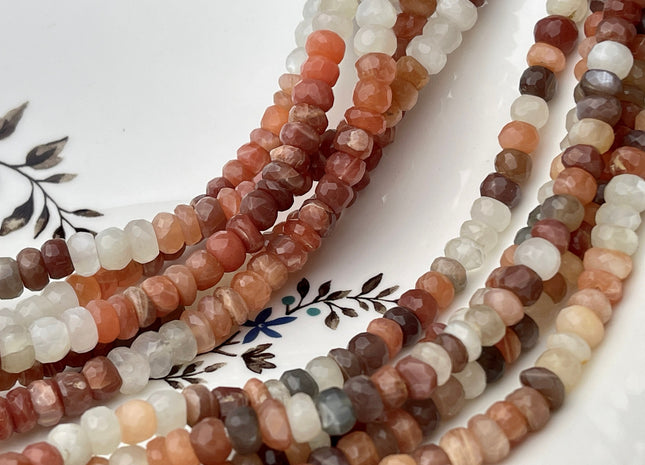 6-7mm Natural Peach Gray Chocolate Moonstone Large Hole Gemstone Beads Faceted Rondelle Hole Size 1.0mm 8 Inches Strand #4289