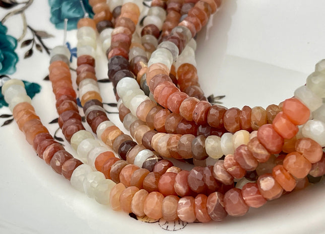 6-7mm Natural Peach Gray Chocolate Moonstone Large Hole Gemstone Beads Faceted Rondelle Hole Size 1.0mm 8 Inches Strand #4289