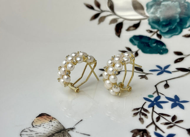 Genuine Natural White Freshwater Pearl Hoop Earring Sterling Silver/Gold Bridal Earrings #10047-D