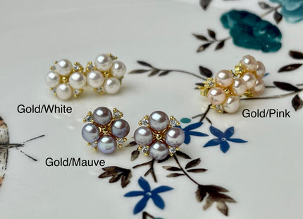 Genuine Natural White Mauve Pink Freshwater Pearl Sterling Silver/Gold Stud Earring Cluster Earring Posts #10047-C