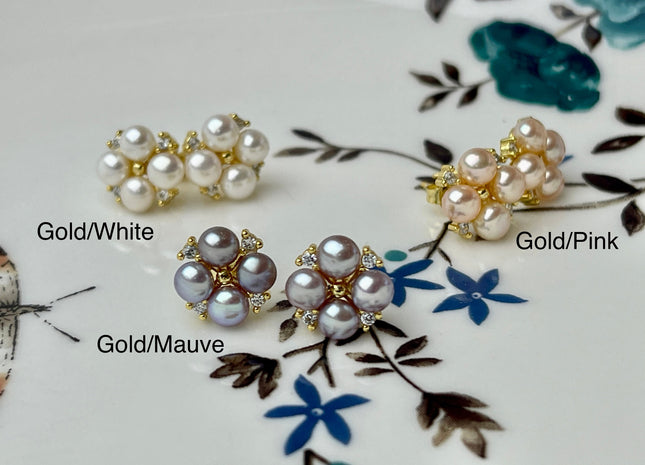 Genuine Natural White Mauve Pink Freshwater Pearl Sterling Silver/Gold Stud Earring Cluster Earring Posts #10047-C