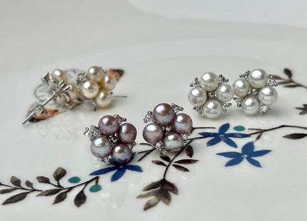 Genuine Natural White Mauve Pink Freshwater Pearl Sterling Silver/Gold Stud Earring Cluster Earring Posts #10047-C