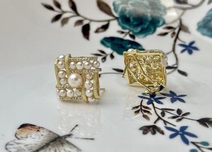 Genuine Natural White Freshwater Pearl Cluster Stud Earring Sterling Silver/Gold Bridal Earrings #10047-F