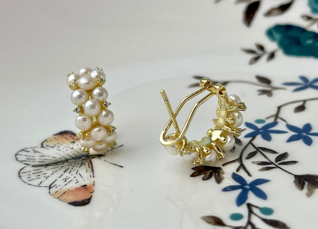 Genuine Natural White Freshwater Pearl Hoop Earring Sterling Silver/Gold Bridal Earrings #10047-D