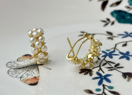 Genuine Natural White Freshwater Pearl Hoop Earring Sterling Silver/Gold Bridal Earrings #10047-D