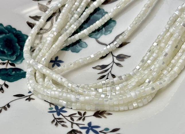 4mm 6mm 8mm Smooth Rondelle Heishi Natural Mother of Pearl Gemstone Beads Genuine White MOP Beads 15 Inches Strand #4324
