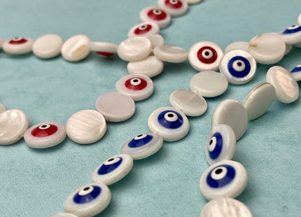 11 mm Evil Eye Round Coin Shape Natural Mother of Pearl Blue or Red Eye Gemstones Genuine MOP Gemstones Loose Beads 15 Inches Strand #4331