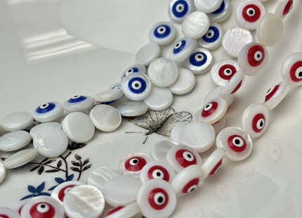 11 mm Evil Eye Round Coin Shape Natural Mother of Pearl Blue or Red Eye Gemstones Genuine MOP Gemstones Loose Beads 15 Inches Strand #4331