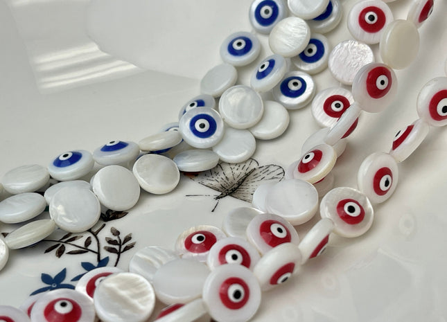 11 mm Evil Eye Round Coin Shape Natural Mother of Pearl Blue or Red Eye Gemstones Genuine MOP Gemstones Loose Beads 15 Inches Strand #4331