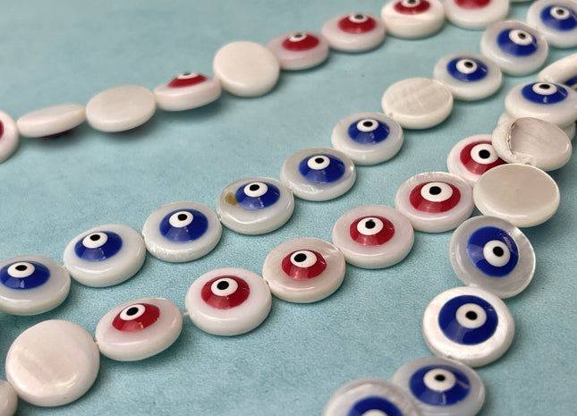 11 mm Evil Eye Round Coin Shape Natural Mother of Pearl Blue or Red Eye Gemstones Genuine MOP Gemstones Loose Beads 15 Inches Strand #4331