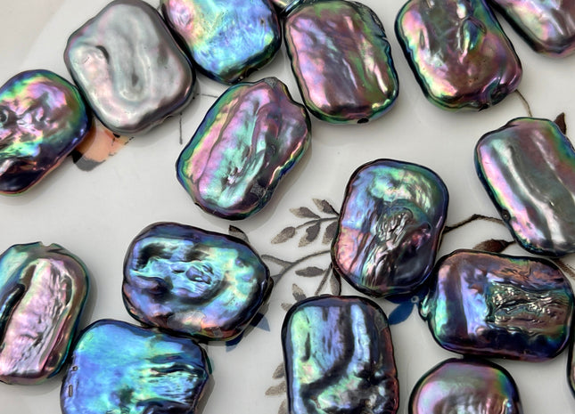 ONE Piece AAA 15x20 mm Rainbow Peacock High Luster Large Hole Rectangle Coin Pearl For Earring And Pendant With Iridescent Color #P2358
