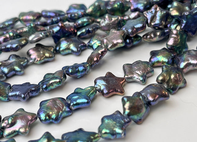 11-12 mm AAA Very Rare Rainbow Peacock Star Shape Freshwater Coin Pearl Beads Genuine High Luster Star Coin Pearls 17 Beads #P2361