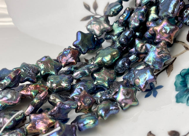 11-12 mm AAA Very Rare Rainbow Peacock Star Shape Freshwater Coin Pearl Beads Genuine High Luster Star Coin Pearls 17 Beads #P2361