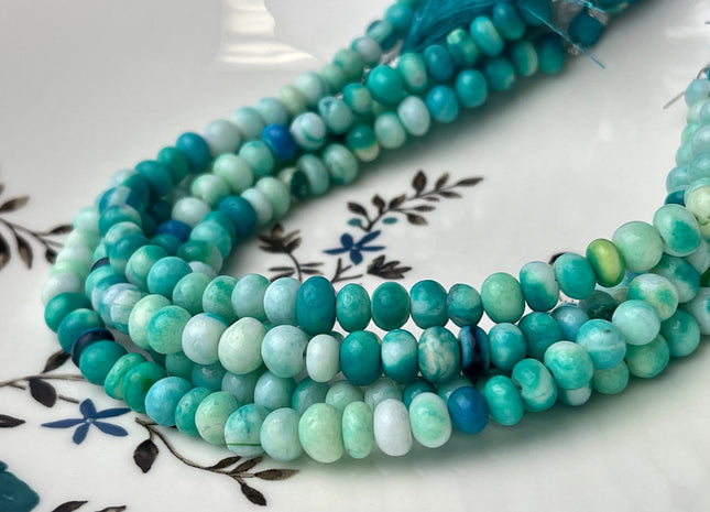 6-9 mm Smooth Rondelle White Blue Turquoise Larimar Color Opal Gemstone Beads Genuine Natural Peruvian Blue Opal 8 Inches Strand #4355