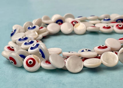 11 mm Evil Eye Round Coin Shape Natural Mother of Pearl Blue or Red Eye Gemstones Genuine MOP Gemstones Loose Beads 15 Inches Strand #4331