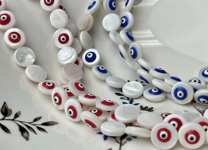 11 mm Evil Eye Round Coin Shape Natural Mother of Pearl Blue or Red Eye Gemstones Genuine MOP Gemstones Loose Beads 15 Inches Strand #4331