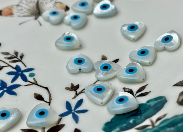 5 Pieces 8mm 10mm Blue Heart Shape Evil Eye Natural Mother of Pearl Evil Eye Gemstones Beads Genuine MOP Gemstones Loose Beads #4382
