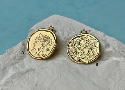 Medusa Hera Goddess Design Medallion Charms for Necklace Jewelry Making, 18K Gold Filled Charm Pendant With CZ Crystals, One Piece #CR0058