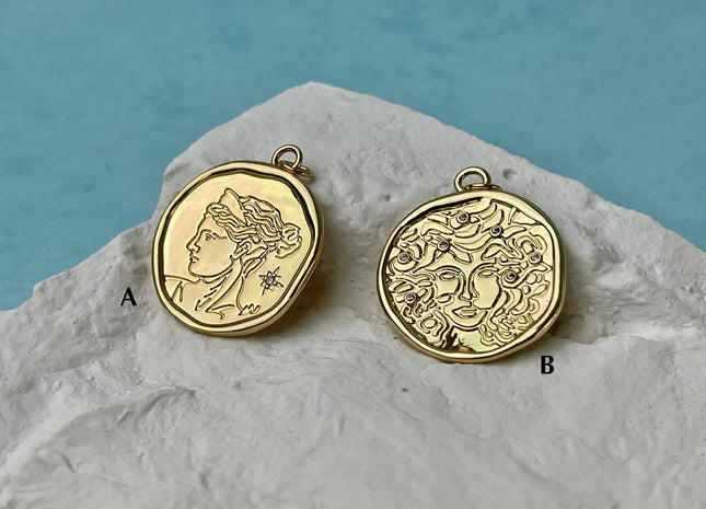 Medusa Hera Goddess Design Medallion Charms for Necklace Jewelry Making, 18K Gold Filled Charm Pendant With CZ Crystals, One Piece #CR0058