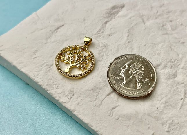 Tree Medallion Charms for Necklace Jewelry Making, 18K Gold Filled Charm Medallion Pendant With CZ Crystals, One Piece #CR0059