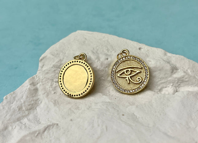 Egyptian Eye Circular Charm for Necklace Jewelry Making, 18K Gold Filled Charm Antique Medallion Pendant With CZ, One Piece #CR0060
