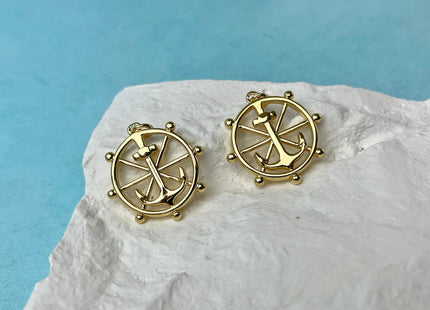 Anchor Ship Wheel Medallion Charm for Necklace Jewelry Making, 18K Gold Filled Charm Pendant, Antique Charm, One Piece #CR0062