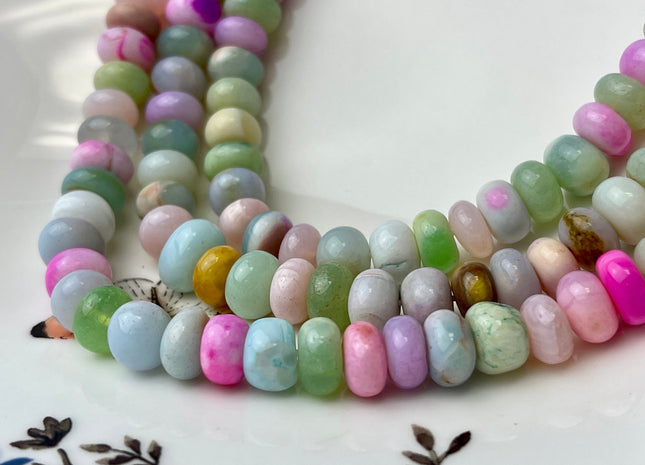 8-11 mm Smooth Rondelle Multi Green Pink Blue Opal Large Hole Gemstone Beads Hole Size 1.0mm Genuine Peruvian Opal 8 Inches Strand #4377