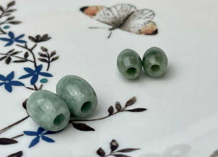 Two Pieces 10x12 mm Natural Color Large Hole Smooth Barrel Shape Burmese Jade Beads 3.0 mm Hole Natural Green Color Burmese Jade #3816