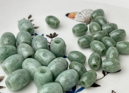Two Pieces 10x12 mm Natural Color Large Hole Smooth Barrel Shape Burmese Jade Beads 3.0 mm Hole Natural Green Color Burmese Jade #3816