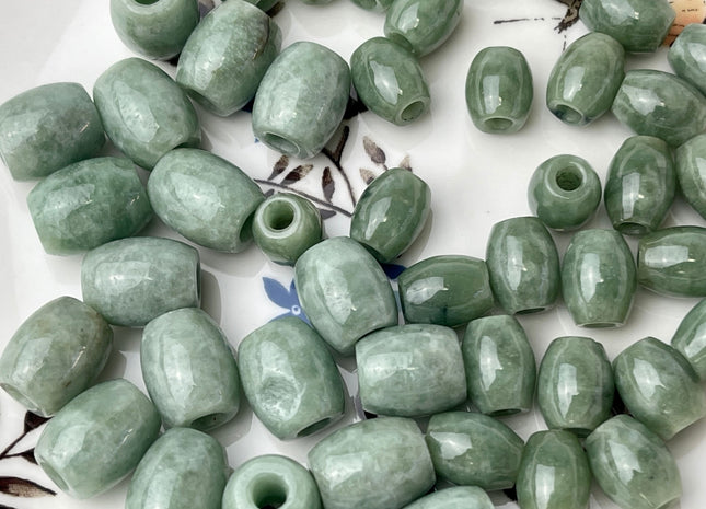 Two Pieces 10x12 mm Natural Color Large Hole Smooth Barrel Shape Burmese Jade Beads 3.0 mm Hole Natural Green Color Burmese Jade #3816