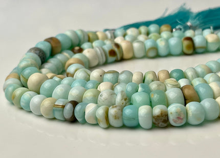 6-9 mm Smooth Rondelle Light Blue and Brown Color Opal Gemstone Beads Genuine Natural Peruvian Blue Opal 8 Inches Strand #4357