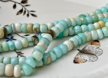 6-9 mm Smooth Rondelle Light Blue and Brown Color Opal Gemstone Beads Genuine Natural Peruvian Blue Opal 8 Inches Strand #4357