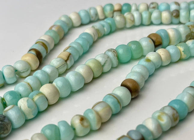 6-9 mm Smooth Rondelle Light Blue and Brown Color Opal Gemstone Beads Genuine Natural Peruvian Blue Opal 8 Inches Strand #4357