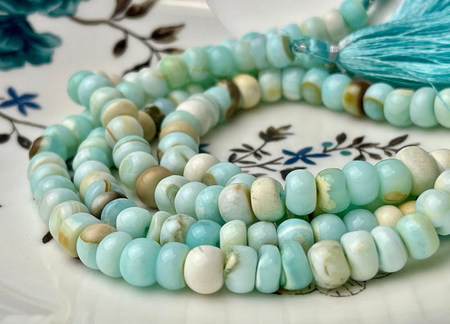 6-9 mm Smooth Rondelle Light Blue and Brown Color Opal Gemstone Beads Genuine Natural Peruvian Blue Opal 8 Inches Strand #4357
