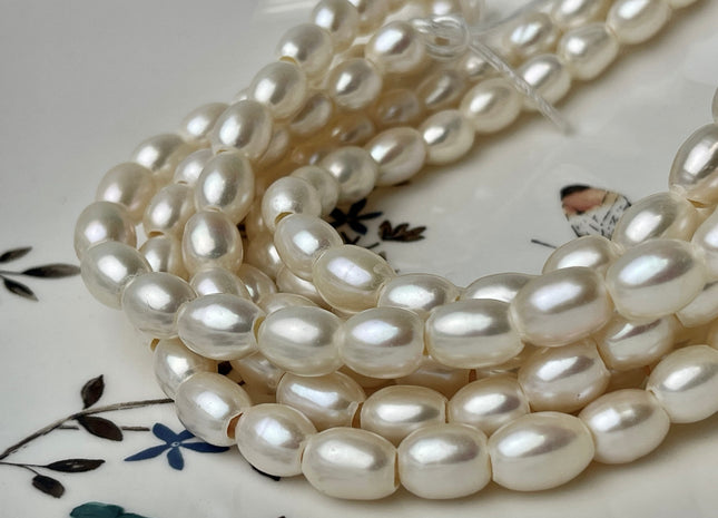 7.5-8x10mm AAA Half Strand Large Hole Rice/Oval Natural White Freshwater Pearl Hole Size 3.0 mm Genuine Large Hole Pearls #P2378