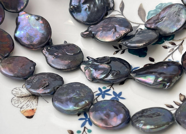 20-25 mm Dark Peacock Large Flat Coin Freshwater Pearl Beads Large Irregular Flat Coin Beads Genuine Freshwater Coin Pearl Beads #1218