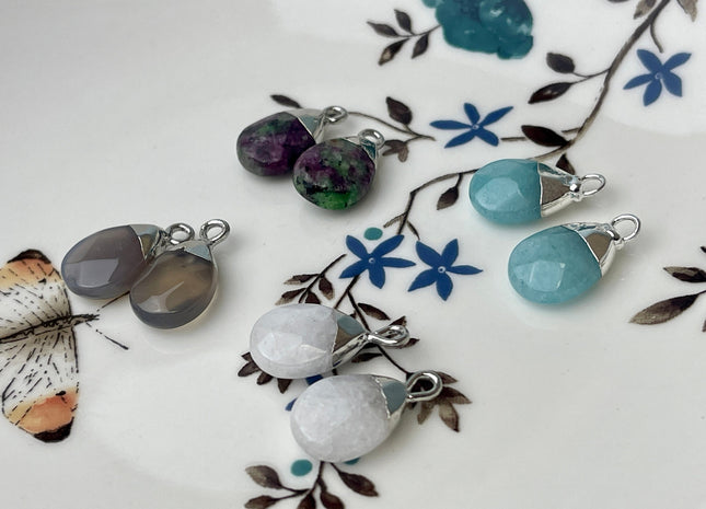 One Piece Briolette Teardrop Shape Charms Blue Gray White Colored Jade Ruby Zoisite Gemstone Pendant for Jewelry Making #CR0052